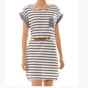 Off-White/Navy Blue High-Low Striped Belted Dress